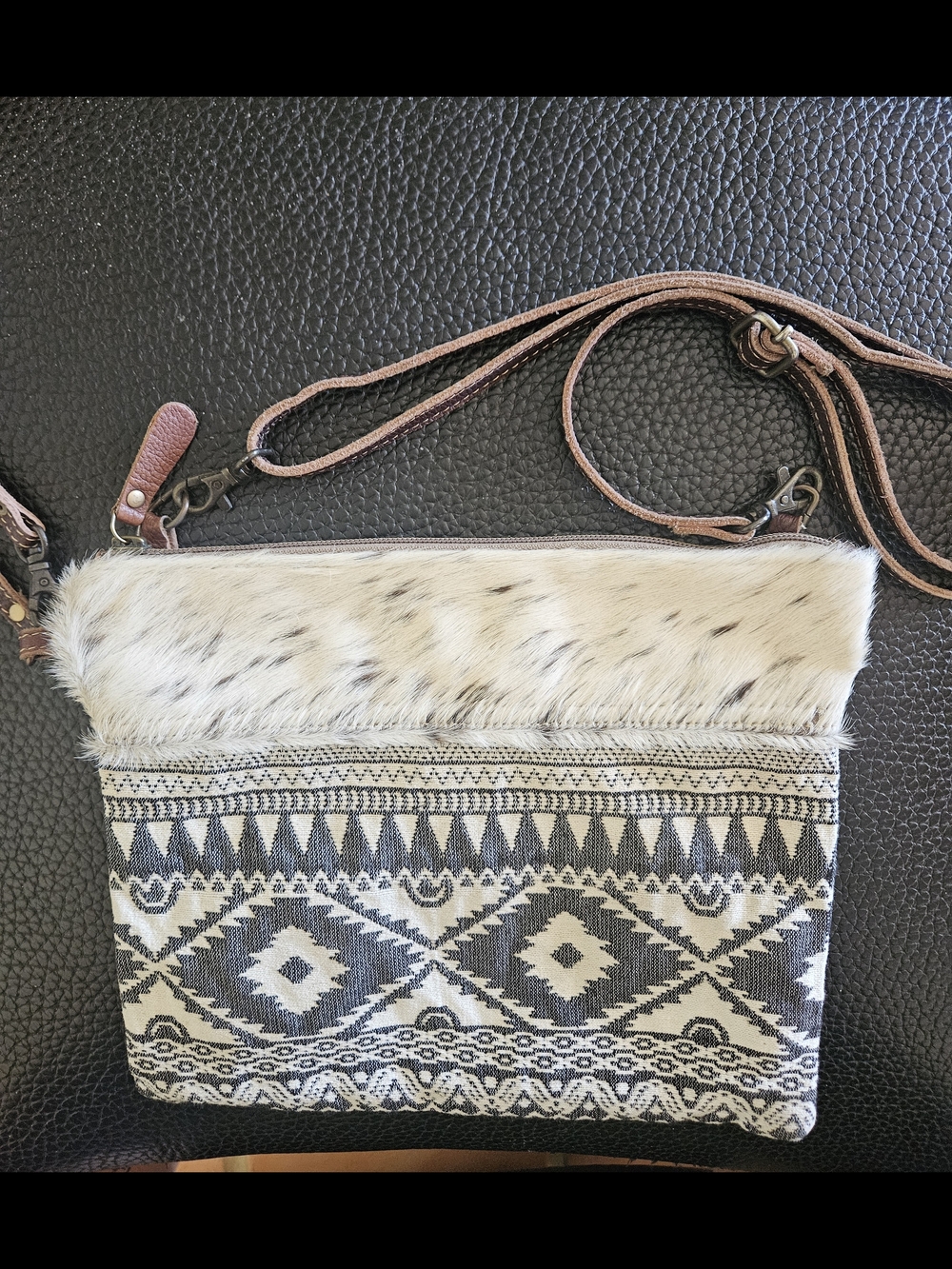 Myra Bag Cream and Gray Patterned Shoulder Crossbody with Cow Hide Trim